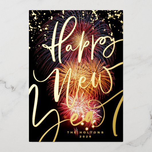 FOTO FIREWORKS GOLD HAPPY NEW YEAR 2023 FOLIE FEESTDAGENKAART (Voorkant)
