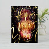 FOTO FIREWORKS GOLD HAPPY NEW YEAR 2023 FOLIE FEESTDAGENKAART (Staand Voorkant)