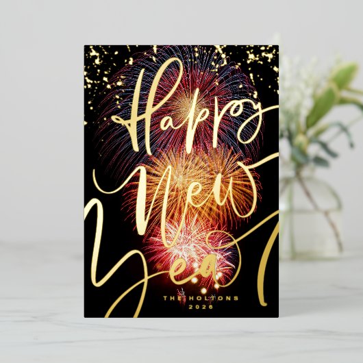 FOTO FIREWORKS GOLD HAPPY NEW YEAR 2023 FOLIE FEESTDAGENKAART (Staand Voorkant)