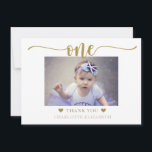 Foto: First Birthday Paars Gold Bedankkaart<br><div class="desc">Dank al uw eerste gasten van het verjaardagsfeest met deze elegante platte manuscriptfoto dank u kaart. Pas tekst op de voorzijde/rug aan en voeg een foto aan creëer toe een gepersonaliseerde eerste verjaardag dank u kaart.</div>