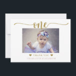 Foto: First Birthday Paars Gold Bedankkaart<br><div class="desc">Dank al uw eerste gasten van het verjaardagsfeest met deze elegante platte manuscriptfoto dank u kaart. Pas tekst op de voorzijde/rug aan en voeg een foto aan creëer toe een gepersonaliseerde eerste verjaardag dank u kaart.</div>