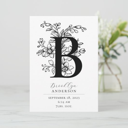 Foto: flessenmonogram letter B geboorte Aankondiging (Staand voorkant)