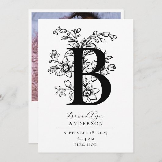 Foto: flessenmonogram letter B geboorte Aankondiging (Voorkant / Achterkant)