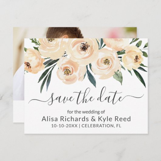 Foto Floral Beige Blush Rozen Gold Save the Date Aankondiging (Voorkant / Achterkant)