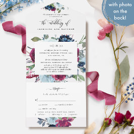 Foto Floral Berry Blue Burgundy Wedding Tear RSVP All In One Uitnodiging