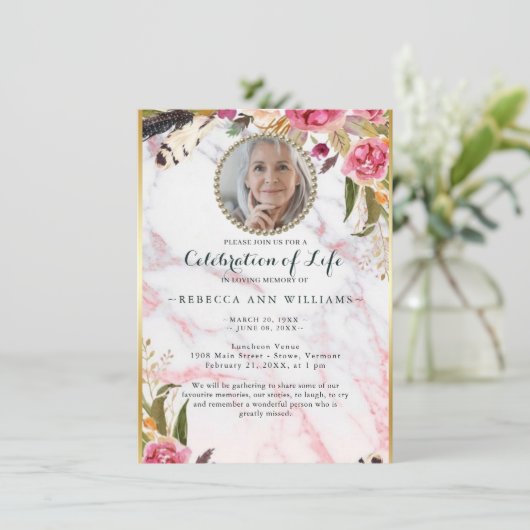 Foto Floral Blush Elegant Celebration of Life Kaart (Staand voorkant)