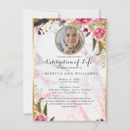 Foto Floral Blush Elegant Celebration of Life Kaart (Voorkant)