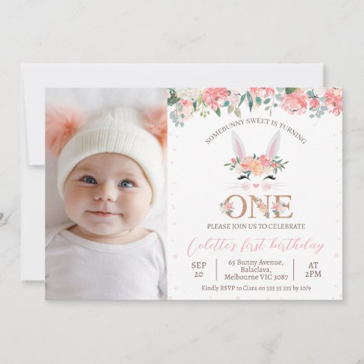 Foto Floral Bunny Face Some Bunny 1st Birthday Kaart (Voorkant)