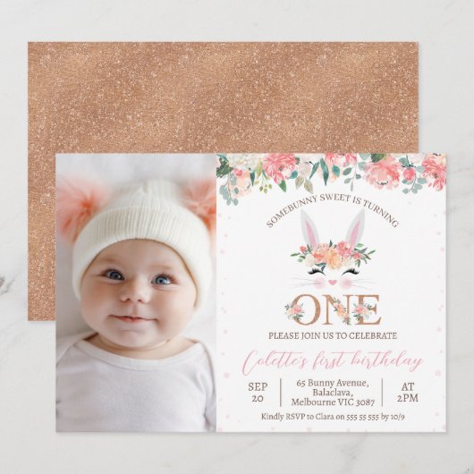 Foto Floral Bunny Face Some Bunny 1st Birthday Kaart (Voorkant / Achterkant)