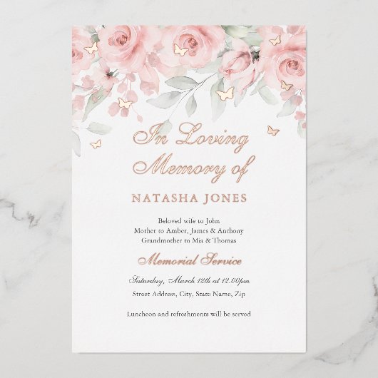 Foto Floral Butterfly Pink Memorial Service Folie Uitnodiging (Voorkant)