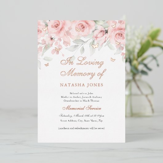 Foto Floral Butterfly Pink Memorial Service Folie Uitnodiging (Staand Voorkant)