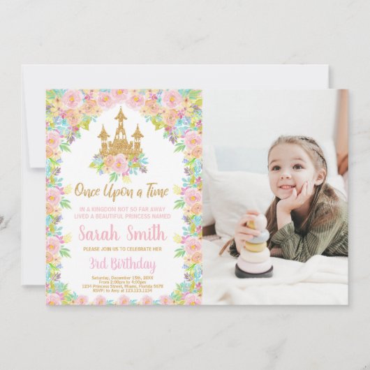 Foto Floral Glitter Gouden Prinses Verjaardag Kaart (Voorkant)