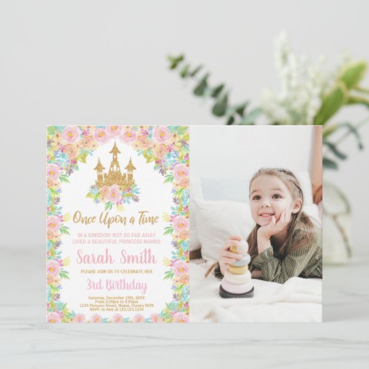 Foto Floral Glitter Gouden Prinses Verjaardag Kaart (Staand voorkant)