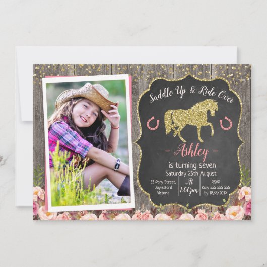 Foto Floral Glitter Horse Birthday Invitation Kaart (Voorkant)