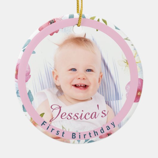 Foto Floral Keepomwille van baby's eerste verjaard Keramisch Ornament (Voorkant)