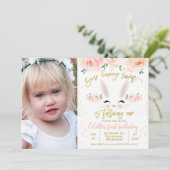 Foto floral konijnengezicht 1e verjaardag uitnodig kaart (Staand voorkant)