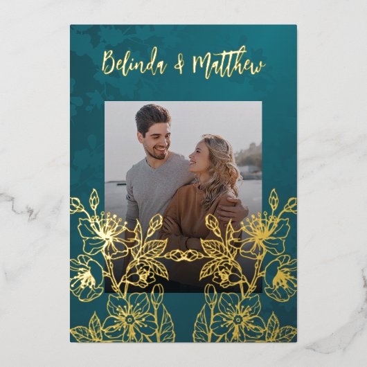 Foto Floral Line Art Gold Wedding Folie Uitnodiging (Voorkant)