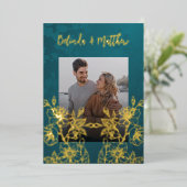 Foto Floral Line Art Gold Wedding Folie Uitnodiging (Staand Voorkant)