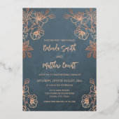 Foto Floral Line Art Roos Gold Wedding Folie Uitnodiging (Achterkant)