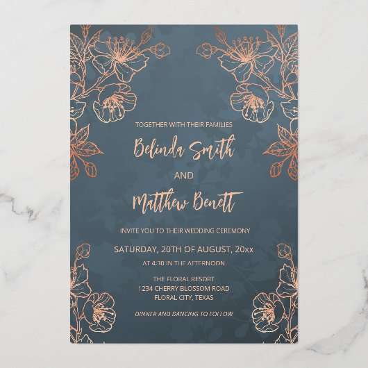 Foto Floral Line Art Roos Gold Wedding Folie Uitnodiging (Achterkant)