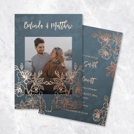 Foto Floral Line Art Roos Gold Wedding Folie Uitnodiging