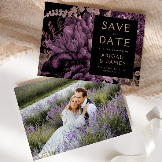 Foto Floral Paarse Roos Gold Save the Date Kaart