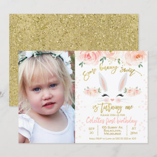Foto florale bunny face 1st Birthday Invitation Kaart