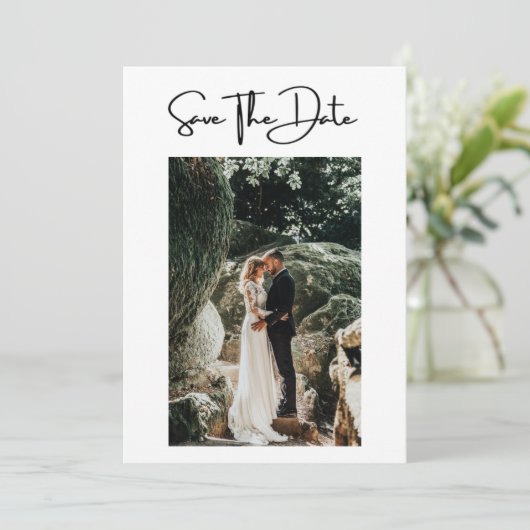 Foto: formeel elegant modern huwelijk sparen de da save the date (Staand voorkant)