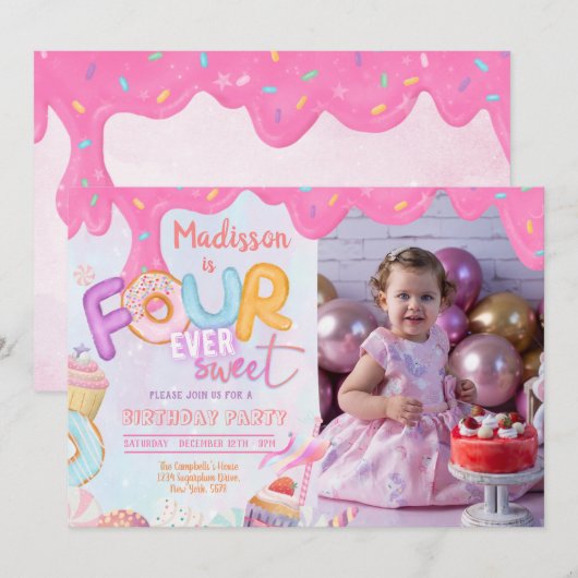 Foto: Fourever Sweet Girl 4e verjaardag Uitnodigin Kaart (Voorkant / Achterkant)