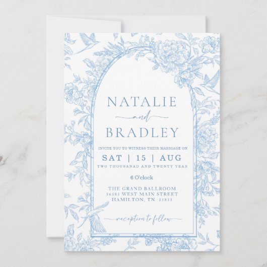 Foto Frans Toile Blauw en Wit Bloemen Huwelijk Kaart (Voorkant)