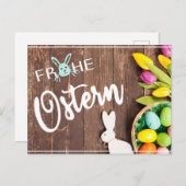 Foto Frohe Ostern mit Tulpen und Hase Briefkaart (Voorkant / Achterkant)