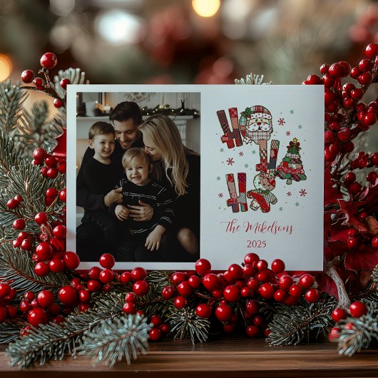 Foto FRustic Patchwork Ho Ho Ho Kerstmis Feestdagenkaart