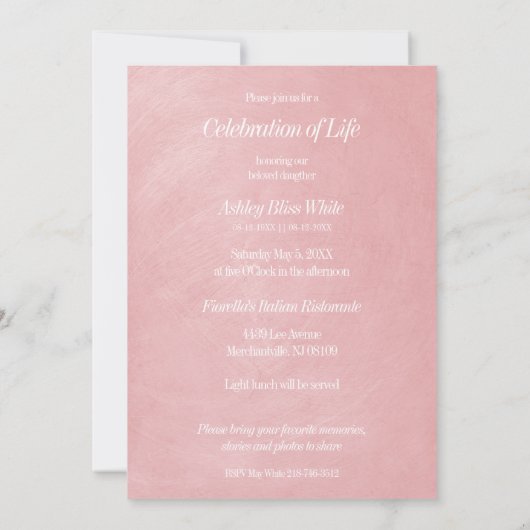 Foto Funeral Invitation roze Faux Metallic Effect Kaart (Achterkant)