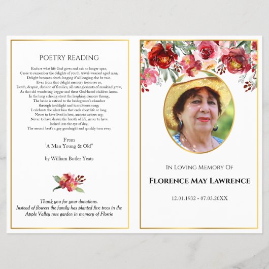 Foto Funeral Programme, rode en roze roze roodklie Flyer (Voorkant)