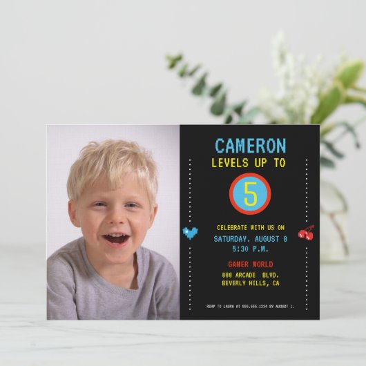 Foto Gamer Pixel Arcade niveau omhoog 5e verjaarda Kaart (Staand voorkant)