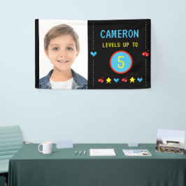 Foto Gamer Pixel Arcade niveau omhoog 5e verjaarda Spandoek