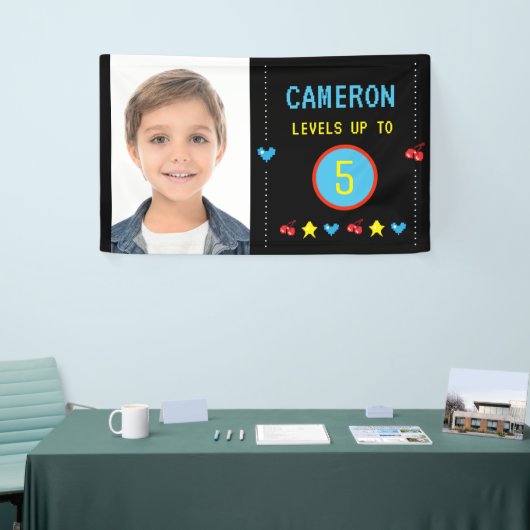 Foto Gamer Pixel Arcade niveau omhoog 5e verjaarda Spandoek (Beurs)