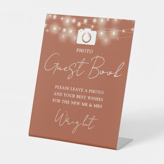 Foto Gastboek Terracotta String Lights Wedding Reclamebord Met Voetstuk (Voorkant)