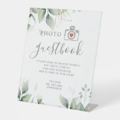 Foto gastenboek eucalyptus & goud groen bruiloft reclamebord met voetstuk (Voorkant)