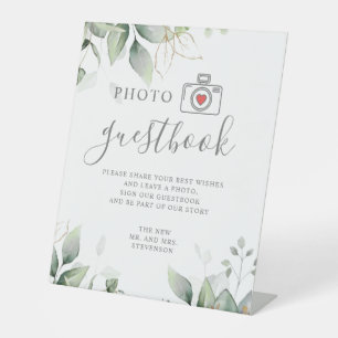 Foto gastenboek eucalyptus & goud groen bruiloft reclamebord met voetstuk