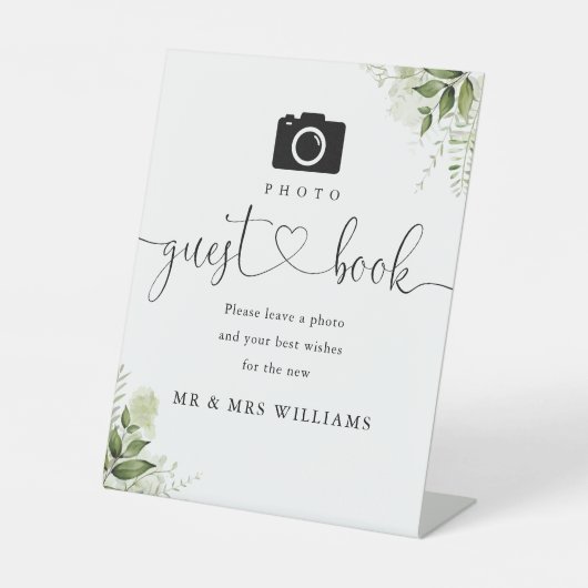 Foto Gastenboek Groen Bloemig Hart Script Reclamebord Met Voetstuk (Voorkant)