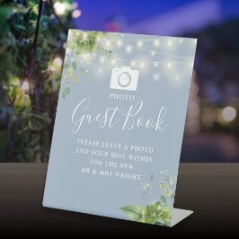 Foto gastenboek groen dusty blue bruiloft reclamebord met voetstuk
