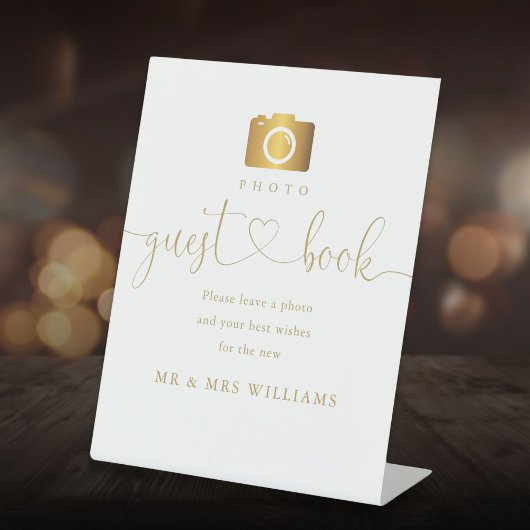 Foto Gastenboek Modern Elegant Goud Script Reclamebord Met Voetstuk