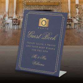 Foto-gastenboek Navy Blue en Goud Art Deco Reclamebord Met Voetstuk