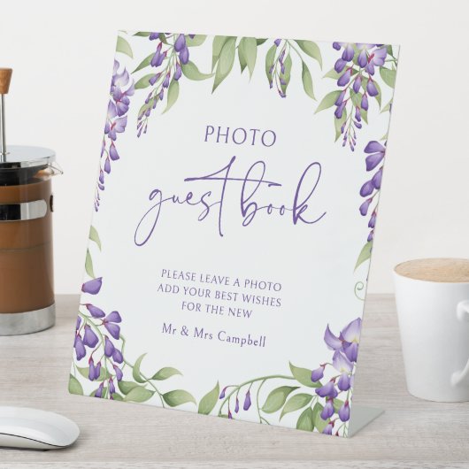 Foto Gastenboek Paarse Bloemenschrift Trouwbord Reclamebord Met Voetstuk (Insitu)