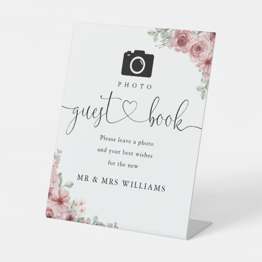 Foto-gastenboek Rozen Bloemhart Script Reclamebord Met Voetstuk (Voorkant)