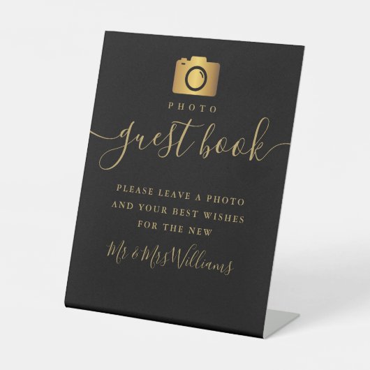 Foto-gastenboek zwart en goud handtekening script reclamebord met voetstuk (Voorkant)
