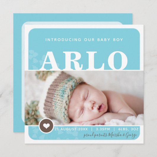 FOTO GEBOORTE AANKONDIGING hart spot blauw botanis (Voorkant / Achterkant)