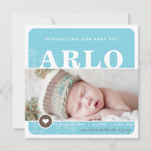 FOTO GEBOORTE AANKONDIGING hart spot blauw botanis (Voorkant)