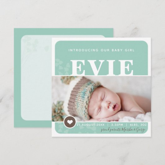 FOTO GEBOORTE AANKONDIGING hart spot munt botanisc (Voorkant / Achterkant)